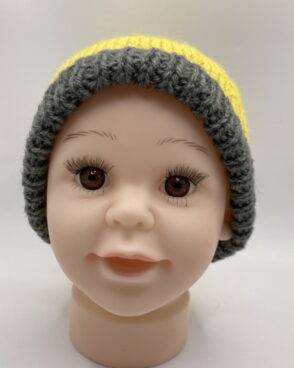Bonnet laine bébé jaune et gris